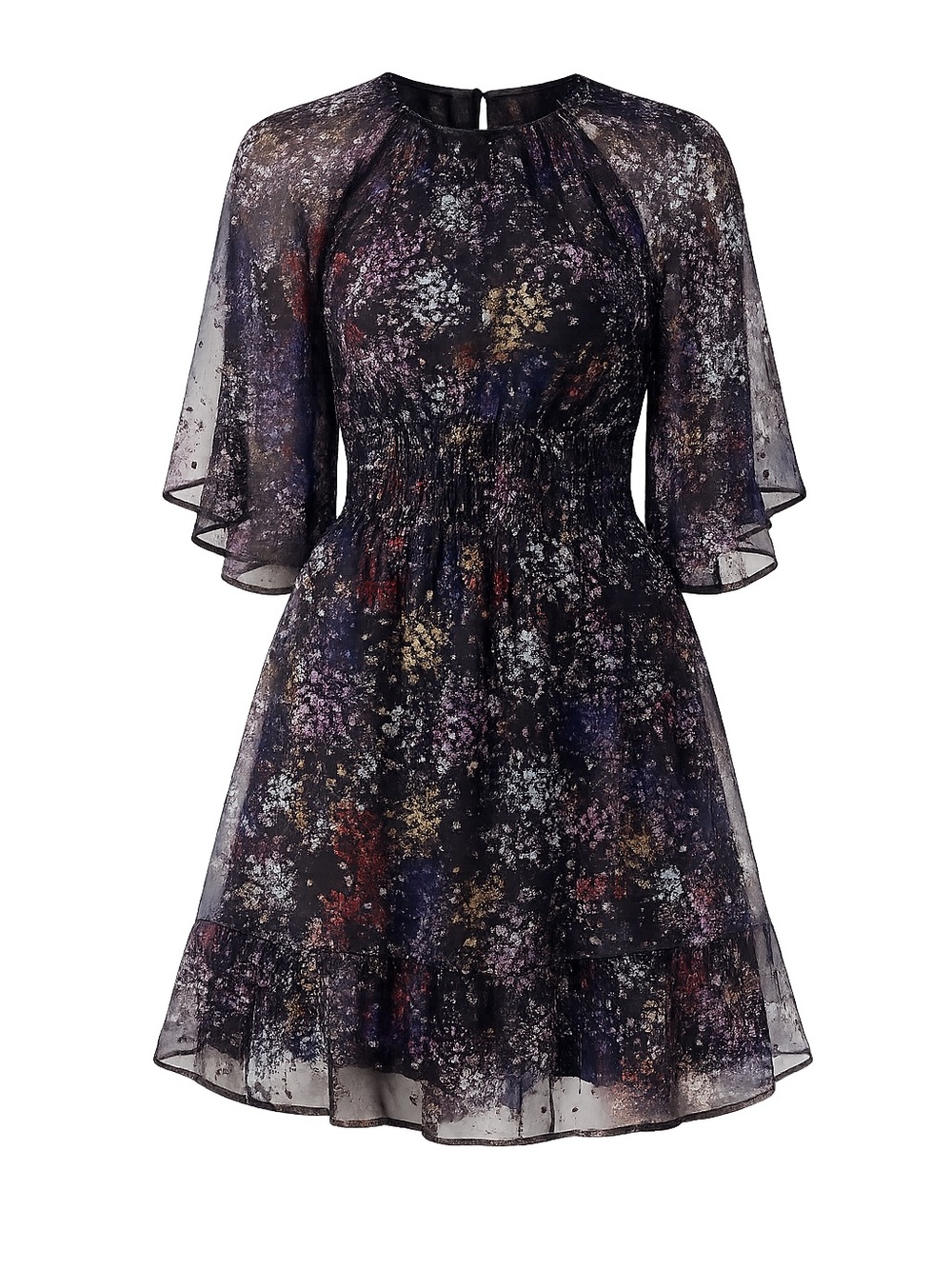 Free People Metallic Confetti Print Chiffon Mini Dress Open Back Tassel Medium